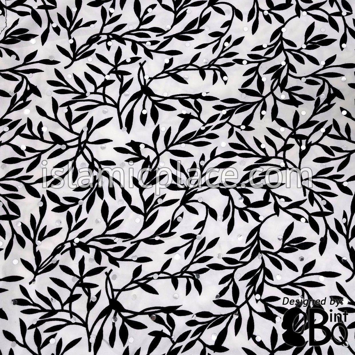 Black Leaf and Stem Design on White Base with Black Wrap - Kuwaiti Scarf