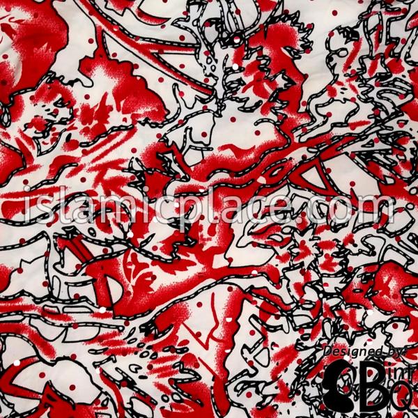 Red and Black Abstract Design on White Base with Red Wrap - Kuwaiti Scarf