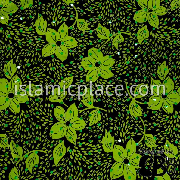 Light Green Flower and Leaf Design on Black Base with Black Wrap - Kuwaiti Scarf