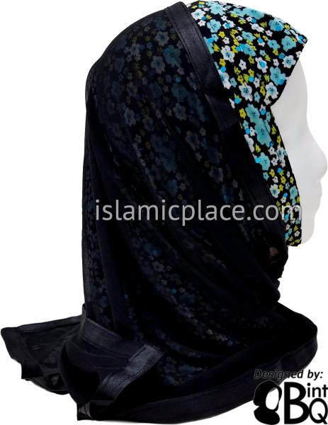 Sky Blue, Baby Pink, and Green Flower Blossom Design with Black Wrap - Kuwaiti Scarf