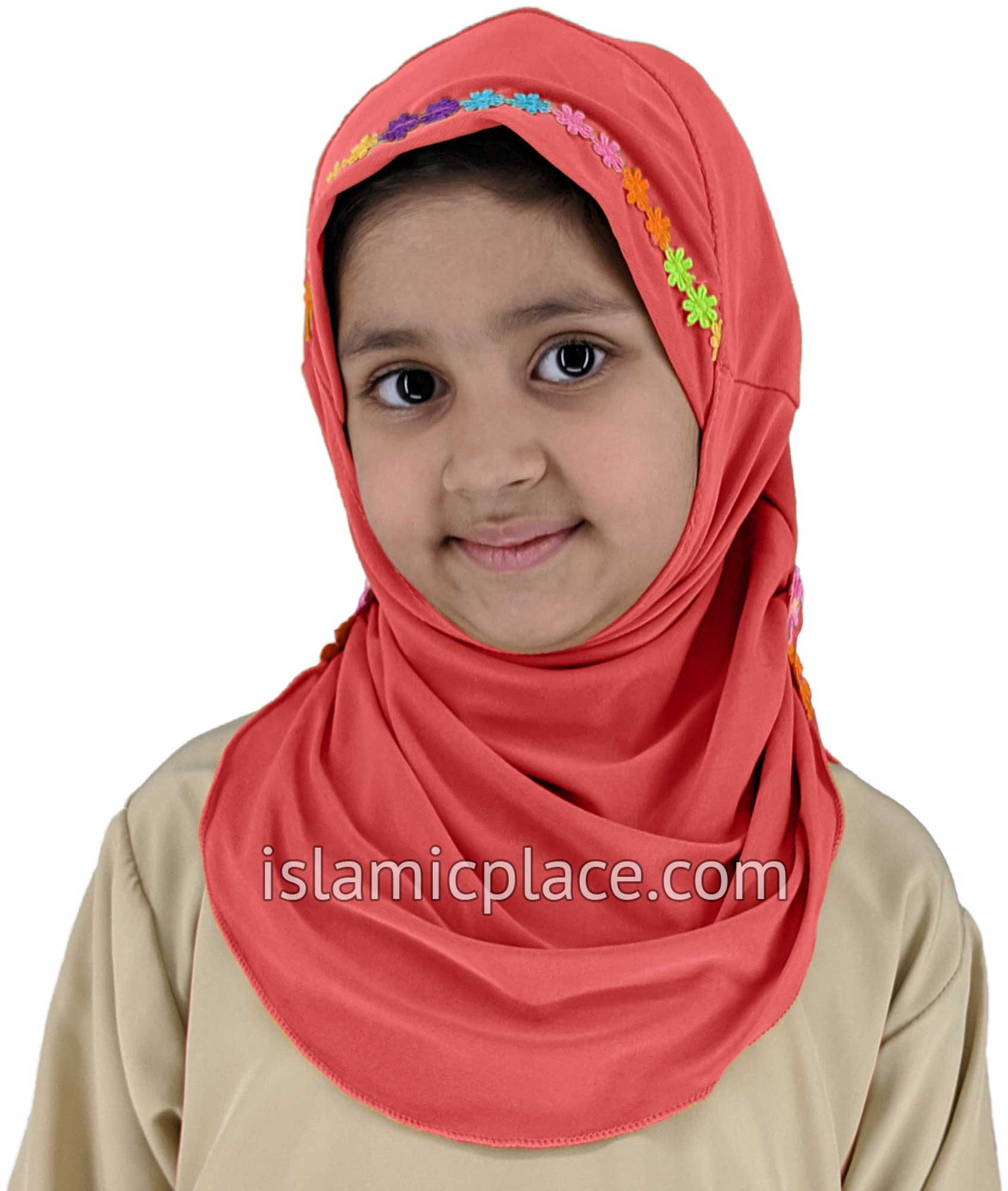 Girls Islamic Hijab Head Scarf - One Piece Amira Shawl Wrap Caps For Kids 2-6 Years, Black With Flowers