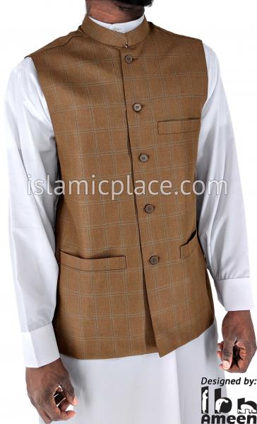 Mocha Brown - Waheed Windowpane Waistcoat Vest by Ibn Ameen