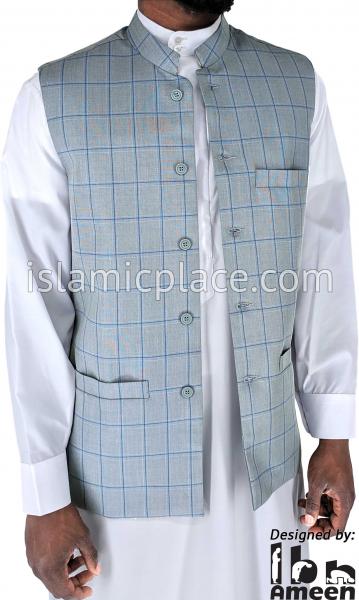 Steel Blue - Waheed Windowpane Waistcoat Vest by Ibn Ameen