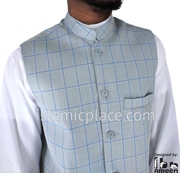 Steel Blue - Waheed Windowpane Waistcoat Vest by Ibn Ameen