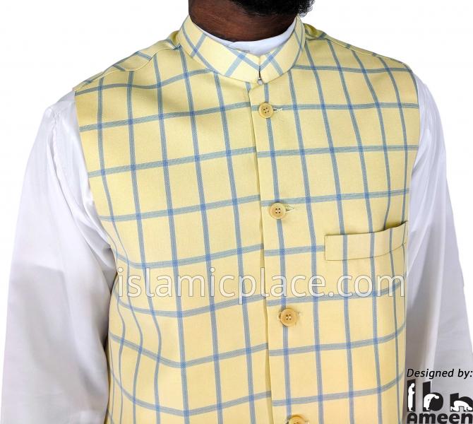Khaki with Blue - Waheed Windowpane Waistcoat Vest by Ibn Ameen