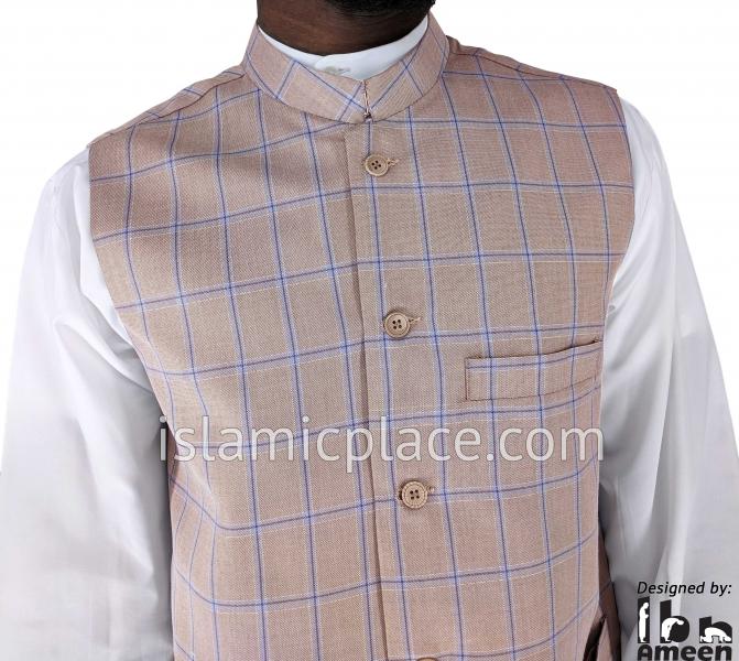 Light Brown with Blue - Waheed Windowpane Waistcoat Vest by Ibn Ameen