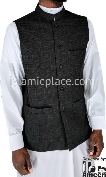 Black and Gray - Musa Madras Waistcoat Vest by Ibn Ameen