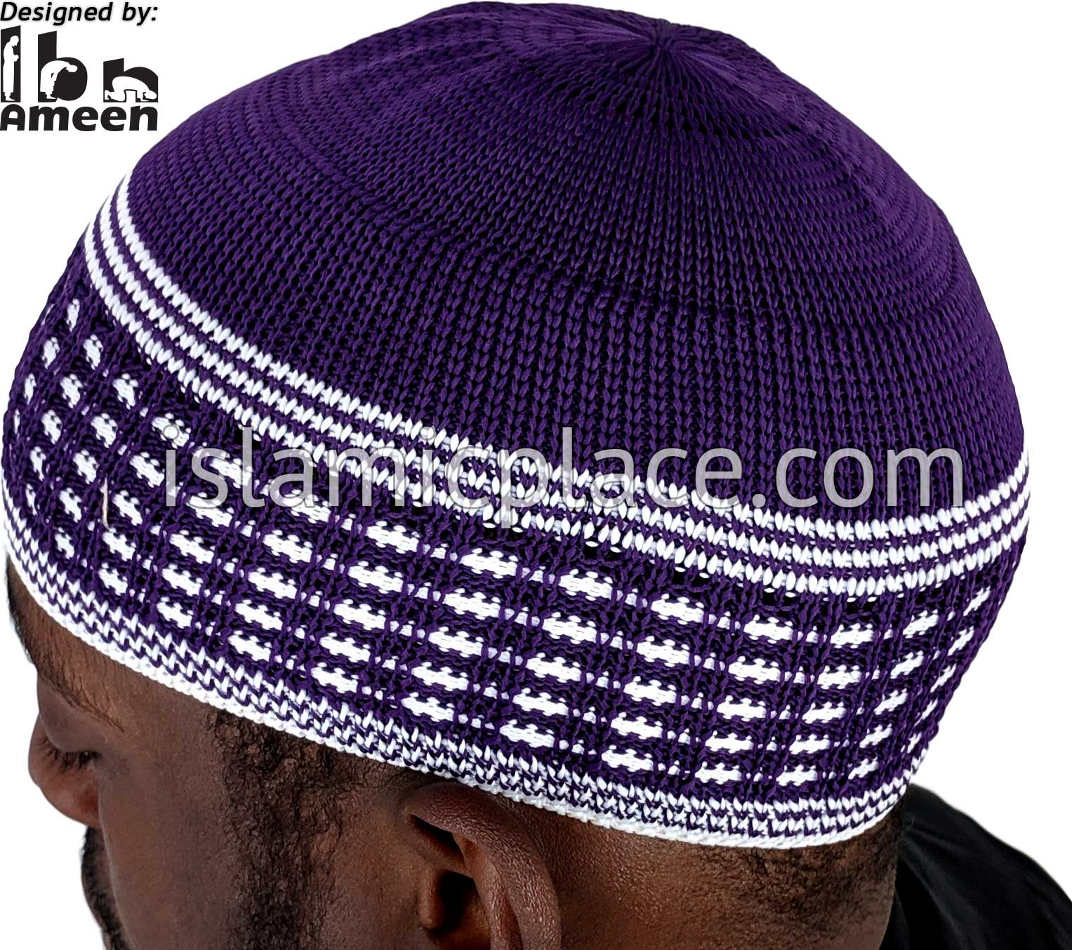 Purple & White - Elastic Knitted Ameen Designer Kufi