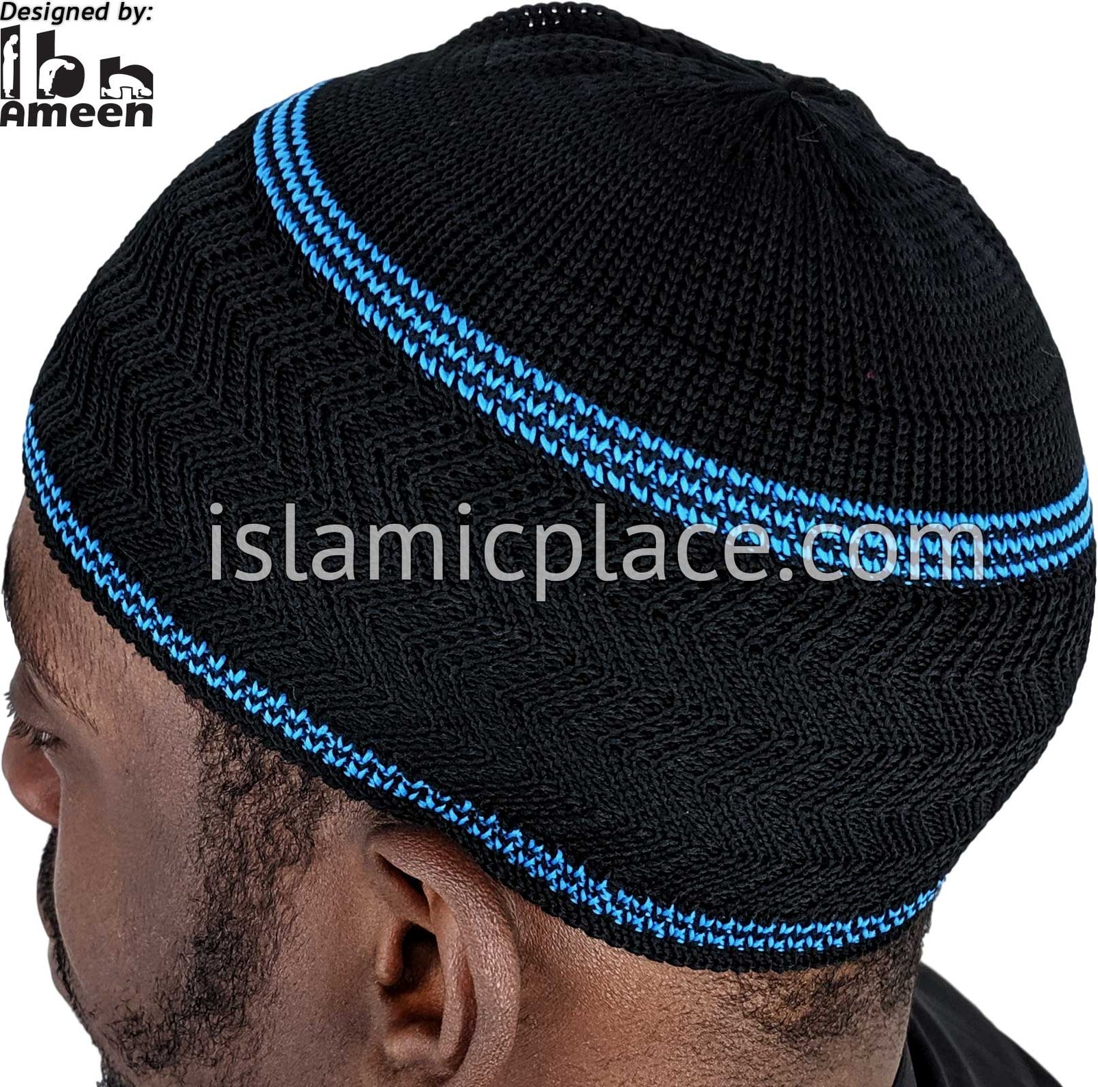 Black & Light Blue - Elastic Knitted Ghani Designer Kufi