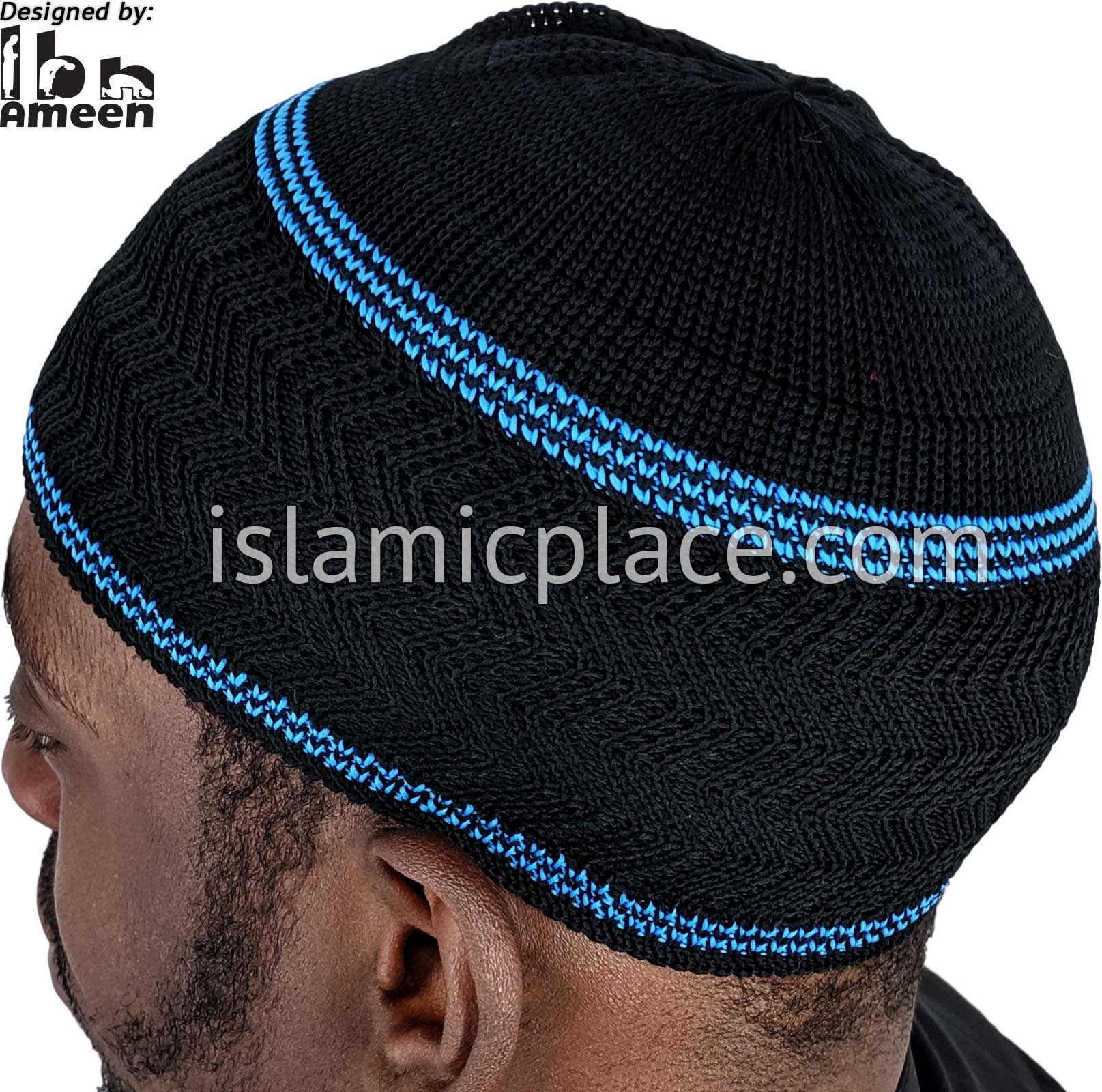 Black & Light Blue - Elastic Knitted Ghani Designer Kufi