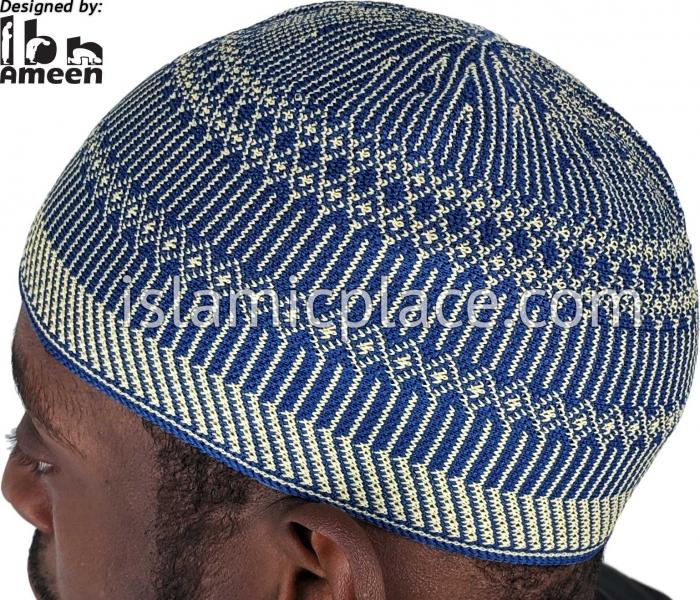 Denim Blue and Khaki - Traditional Cotton Knitted Ibrahim Designer Kufi