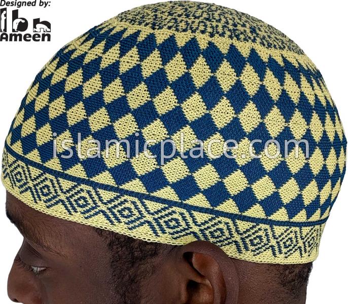 Denim Blue and Khaki - Traditional Cotton Knitted Nasir Designer Kufi