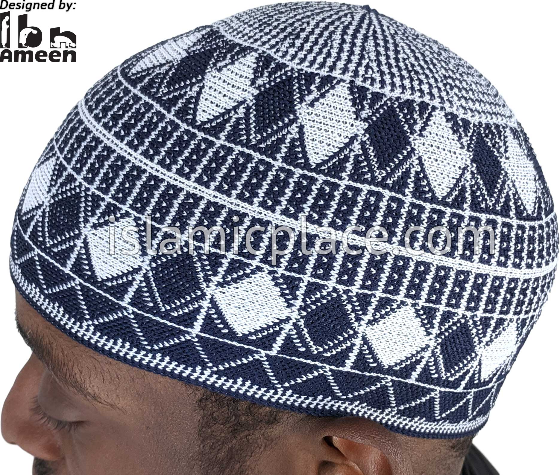 Navy Blue and White - Traditional Cotton Knitted Saud Designer Kufi