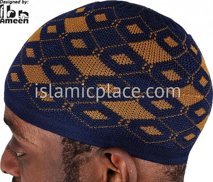 Navy Blue and Rust - Elastic Knitted Adnan Designer Kufi