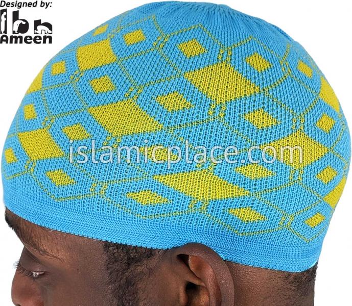 Light Blue and Gold - Elastic Knitted Adnan Designer Kufi