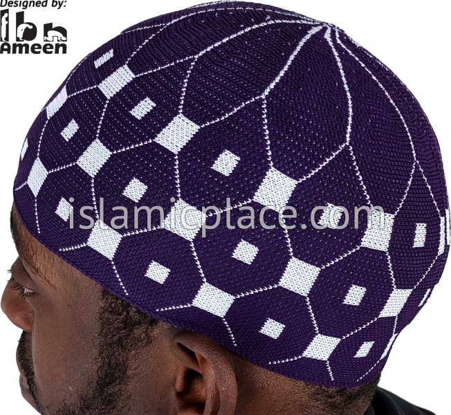Purple and White - Elastic Knitted Khalil Designer Kufi