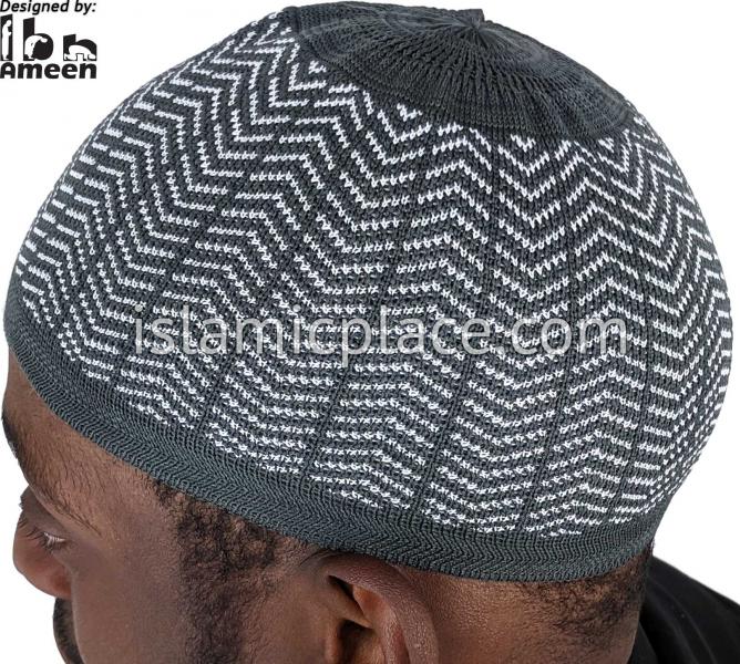 Gray and White - Elastic Knitted Masood Designer Kufi