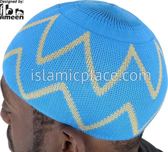 Electric Blue and Khaki - Elastic Knitted Musa Designer Kufi