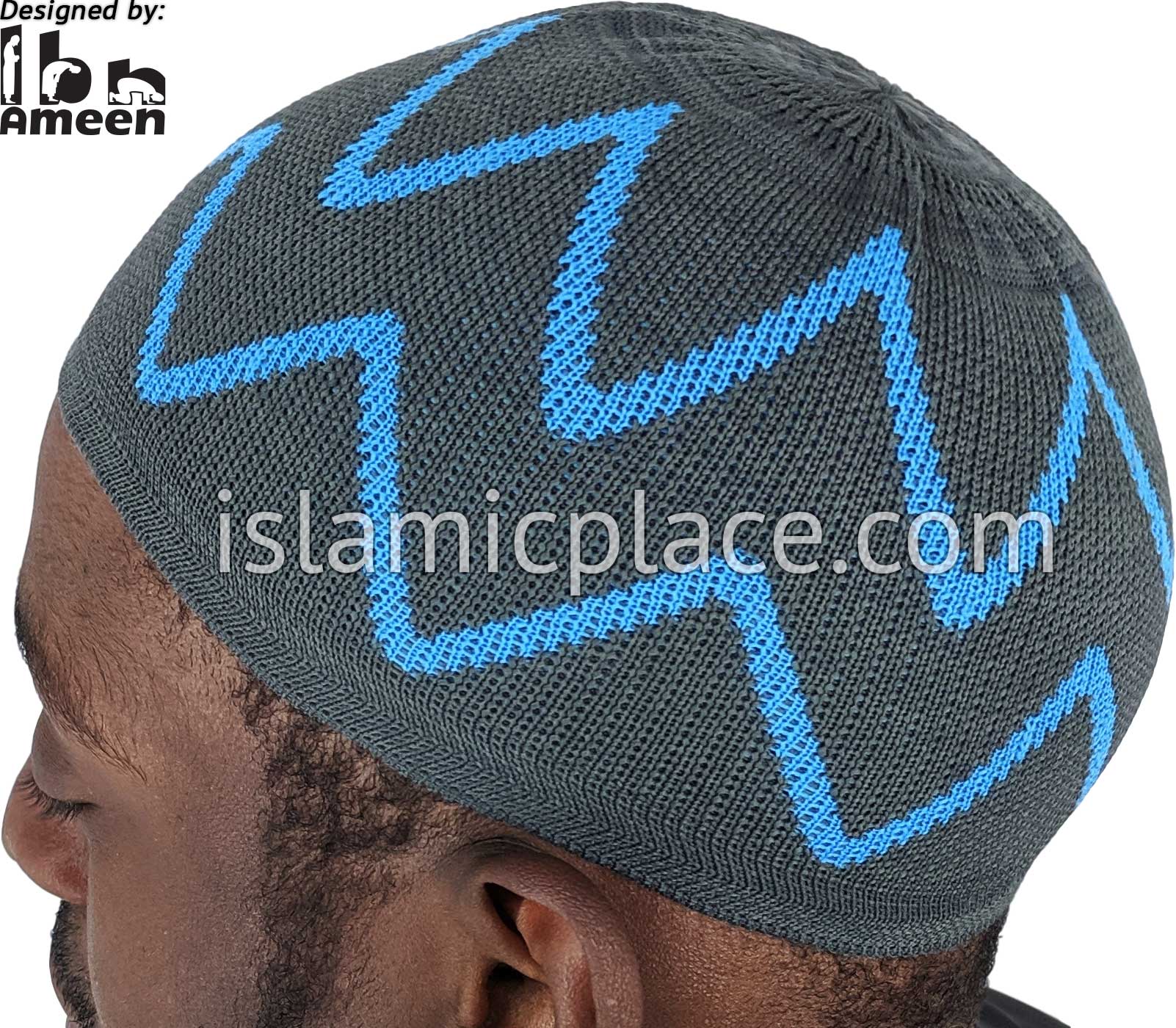 Gray and Electric Blue - Elastic Knitted Musa Designer Kufi