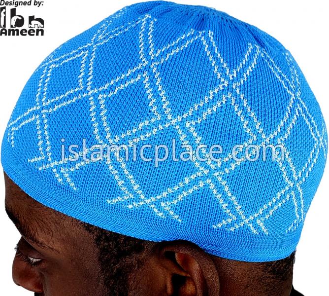 Electric Blue and White - Elastic Knitted Waheed Designer Kufi