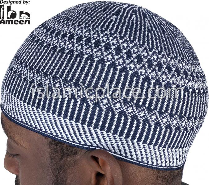 Navy Blue and White - Traditional Cotton Knitted Ibrahim Designer Kufi