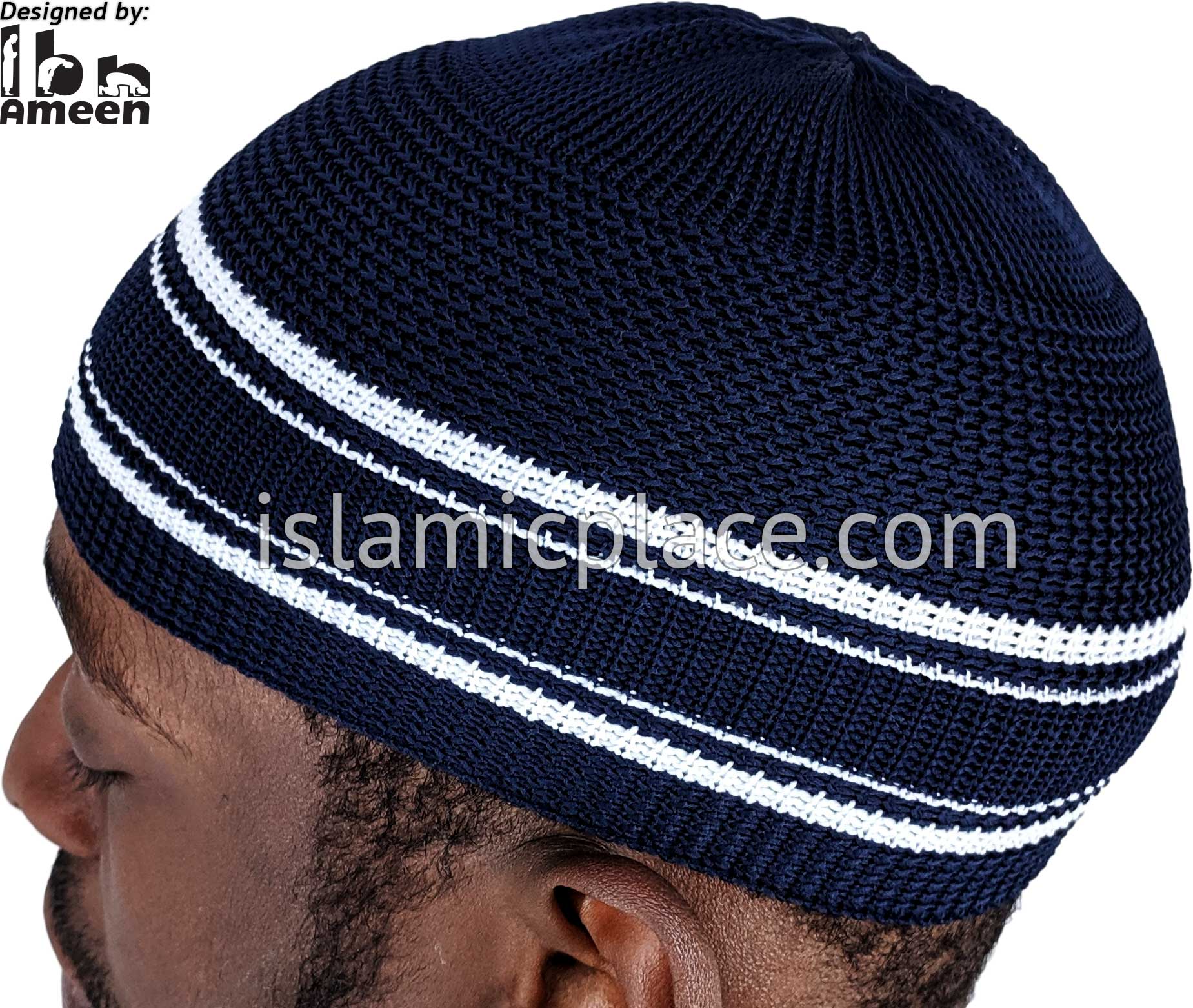 Navy with White - Elastic Knitted Kareem Designer Kufi