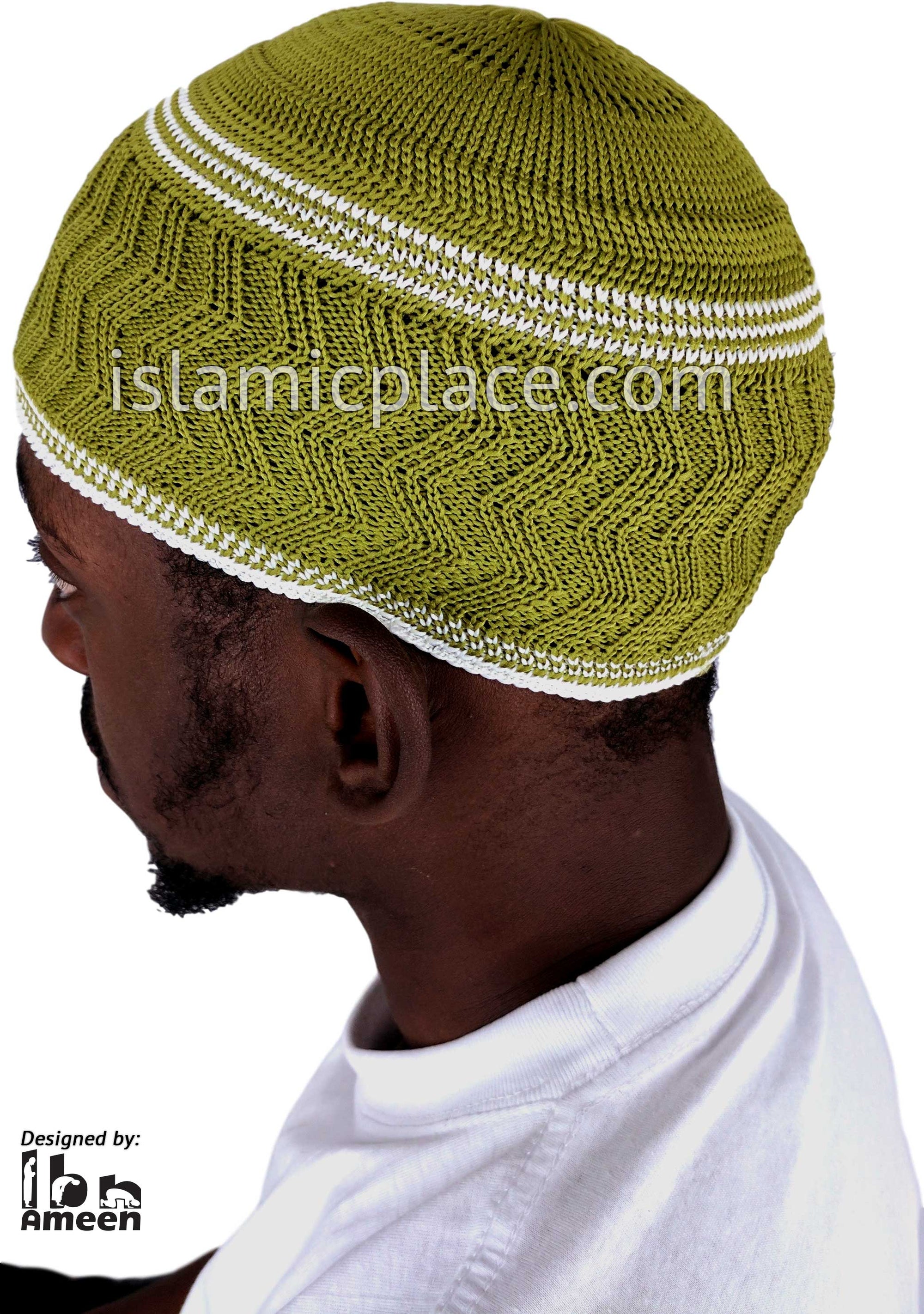 Light Olive Green - Elastic Knitted Ghani Designer Kufi