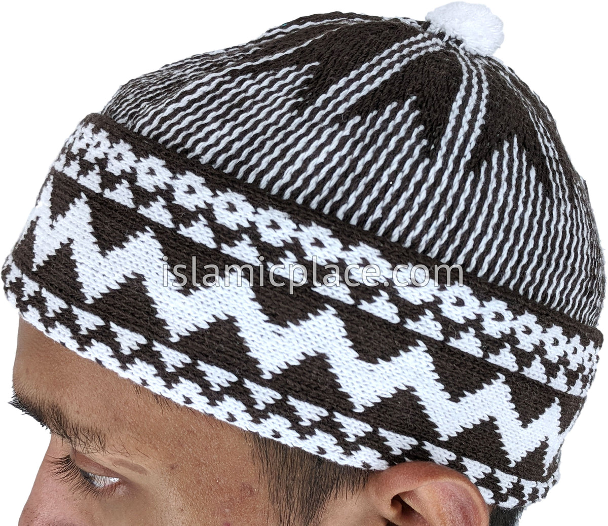 Winter Brown &amp; White - Warm Knitted Talib Zigzag Style Kufi
