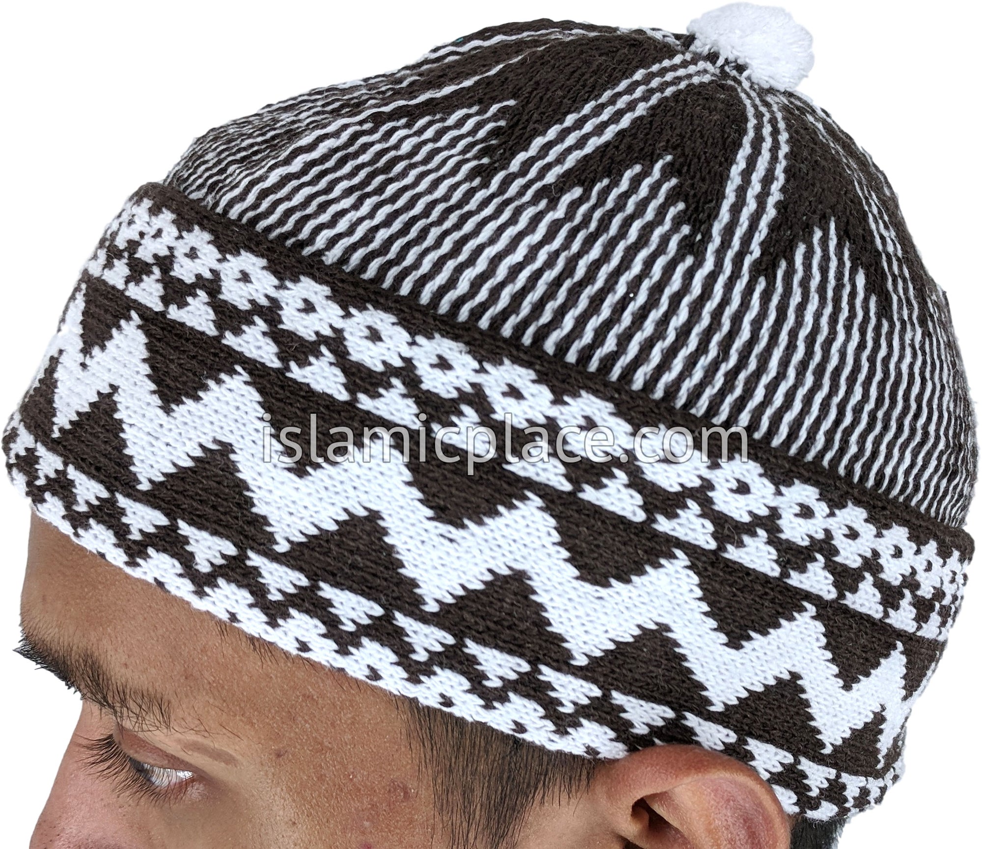 Winter Brown & White - Warm Knitted Talib Zigzag Style Kufi