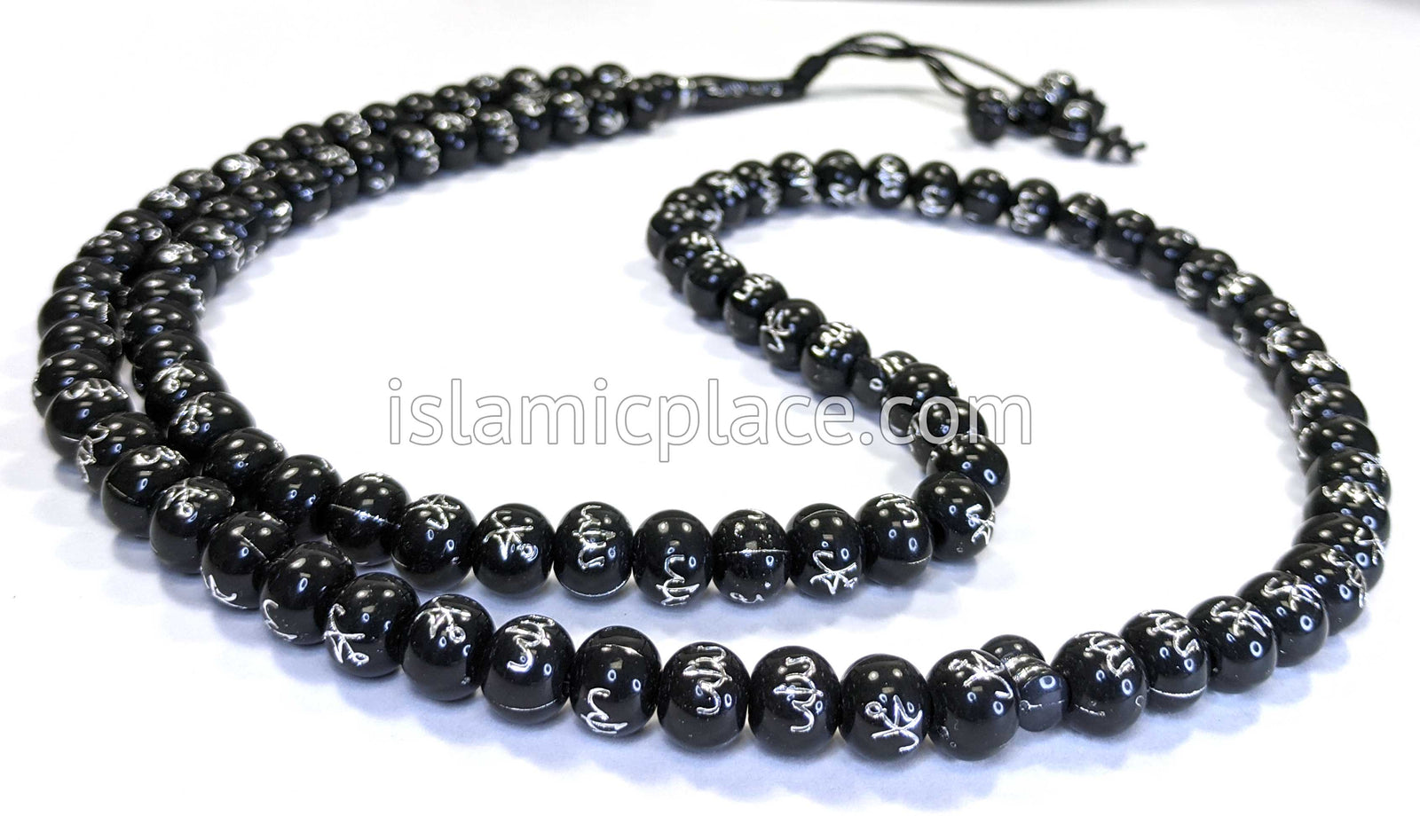 Black and Silver - Large Bead Tasbih Prayer Beads with Allah & Muhammad Script