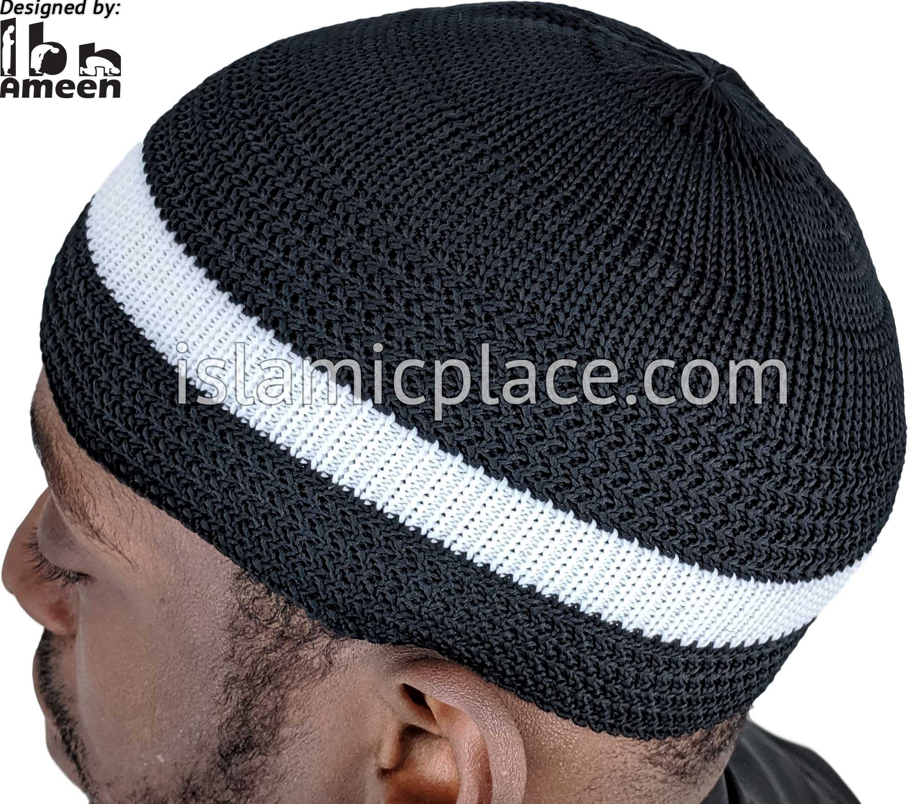 Black with White stripe - Elastic Knitted Kufi