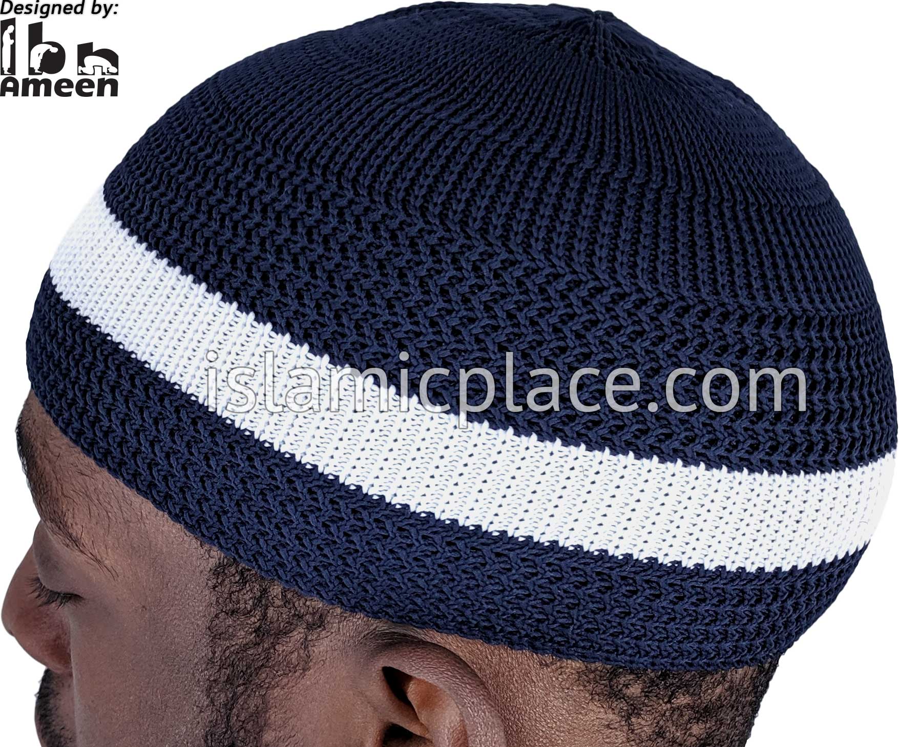 Navy Blue with White stripe - Elastic Knitted Kufi
