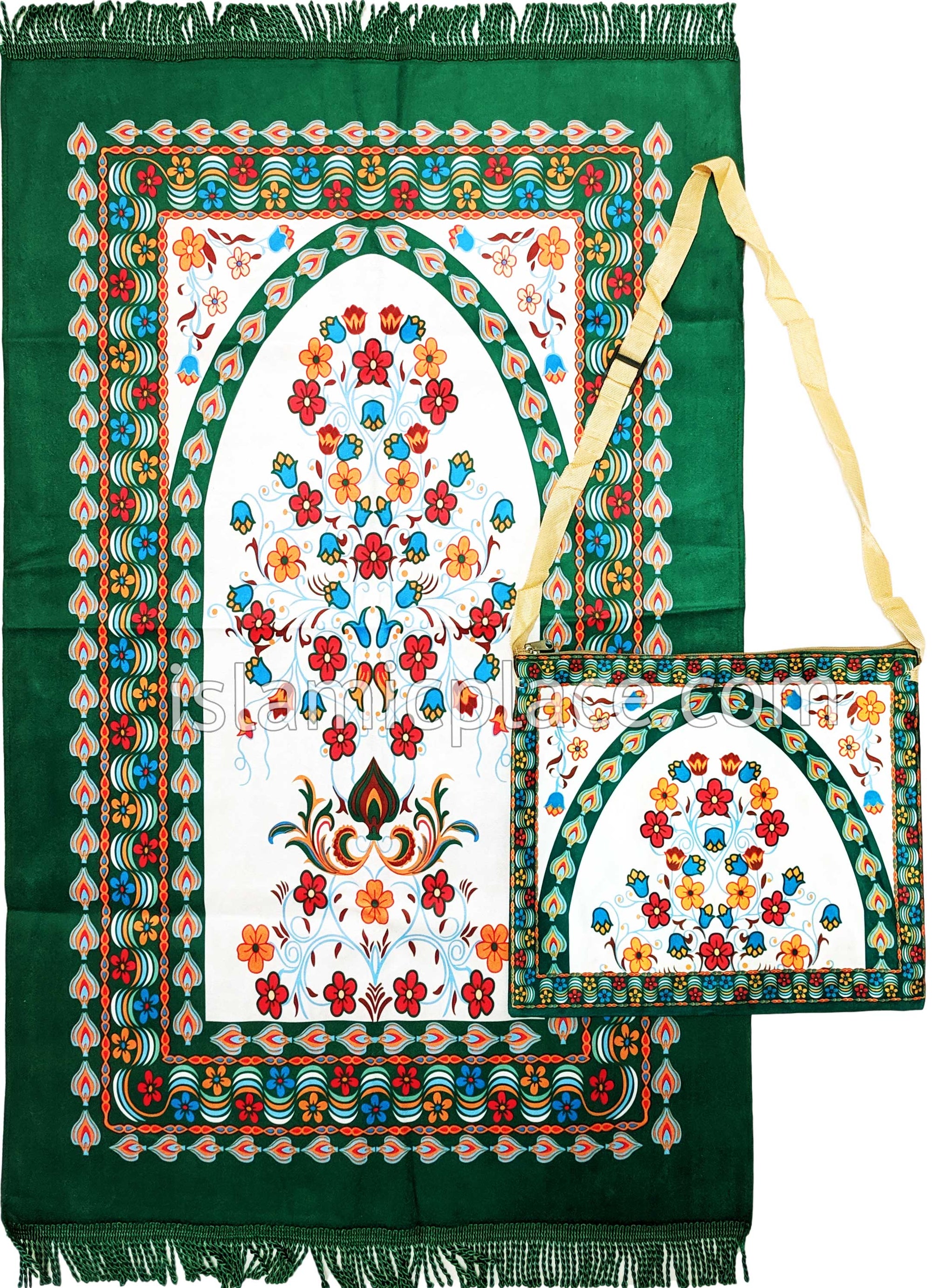 Green - Floral Mihrab Design Prayer Rug with Matching Zipper Carrying Bag
