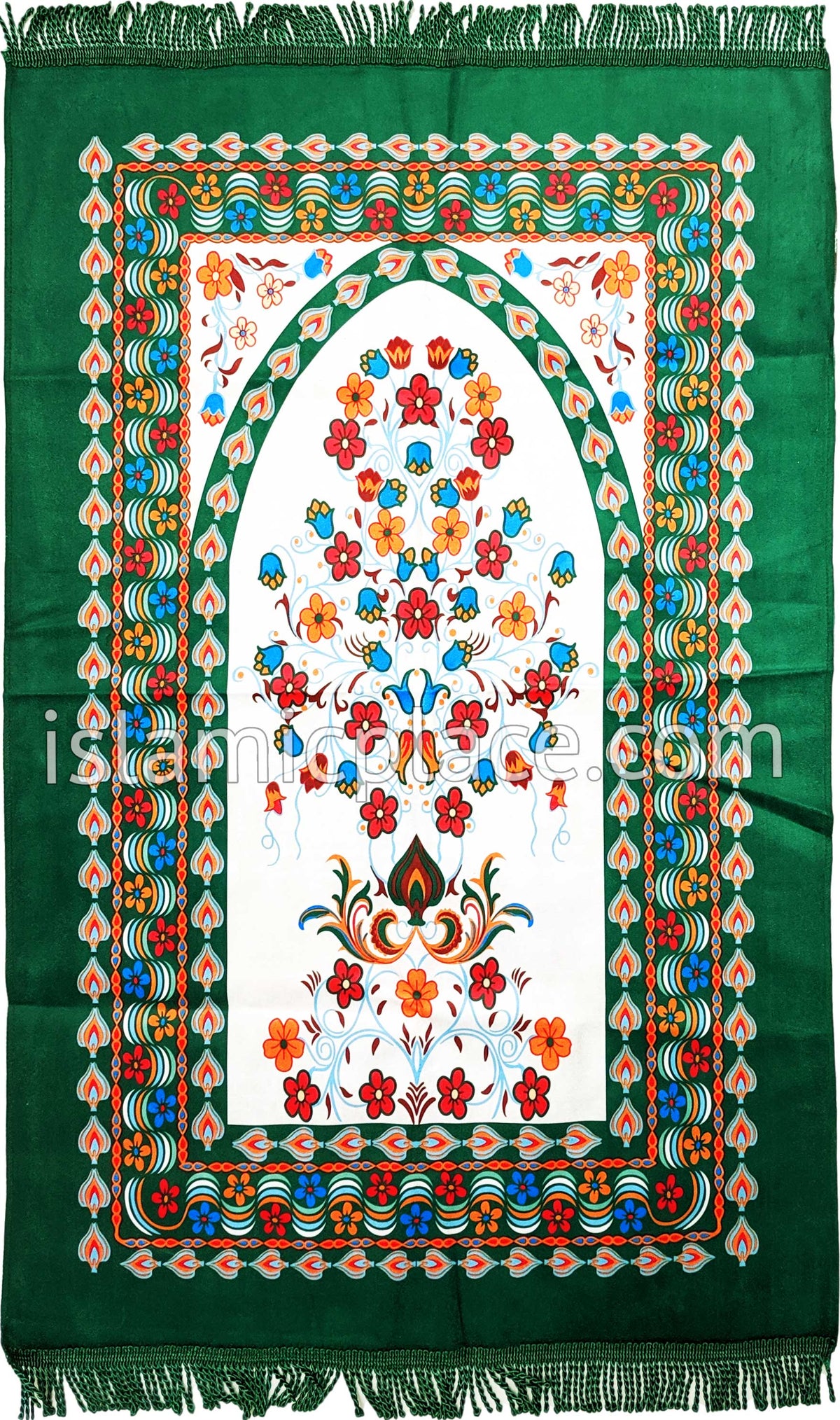 Green - Floral Mihrab Design Prayer Rug with Matching Zipper Carrying Bag