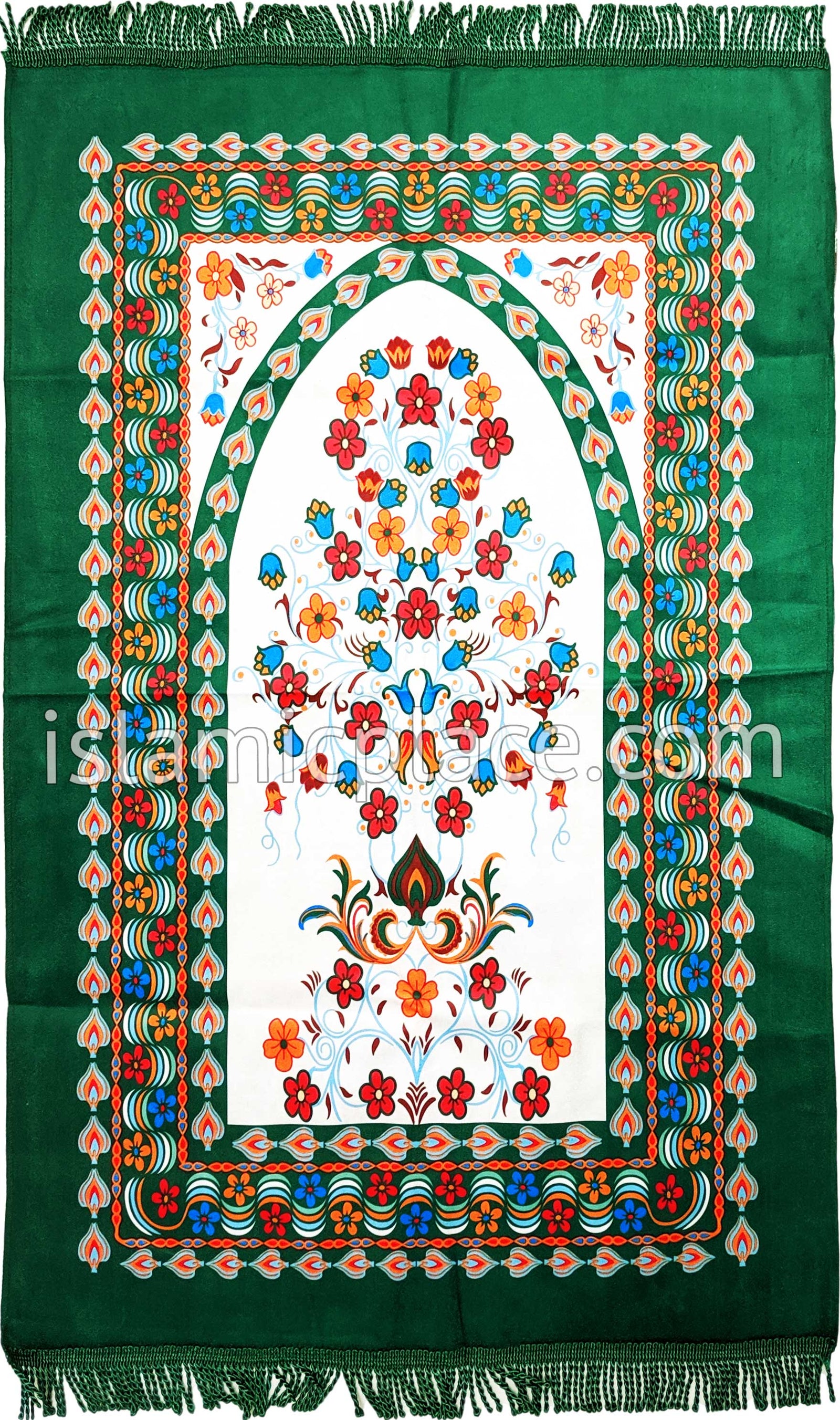 Green - Floral Mihrab Design Prayer Rug with Matching Zipper Carrying Bag