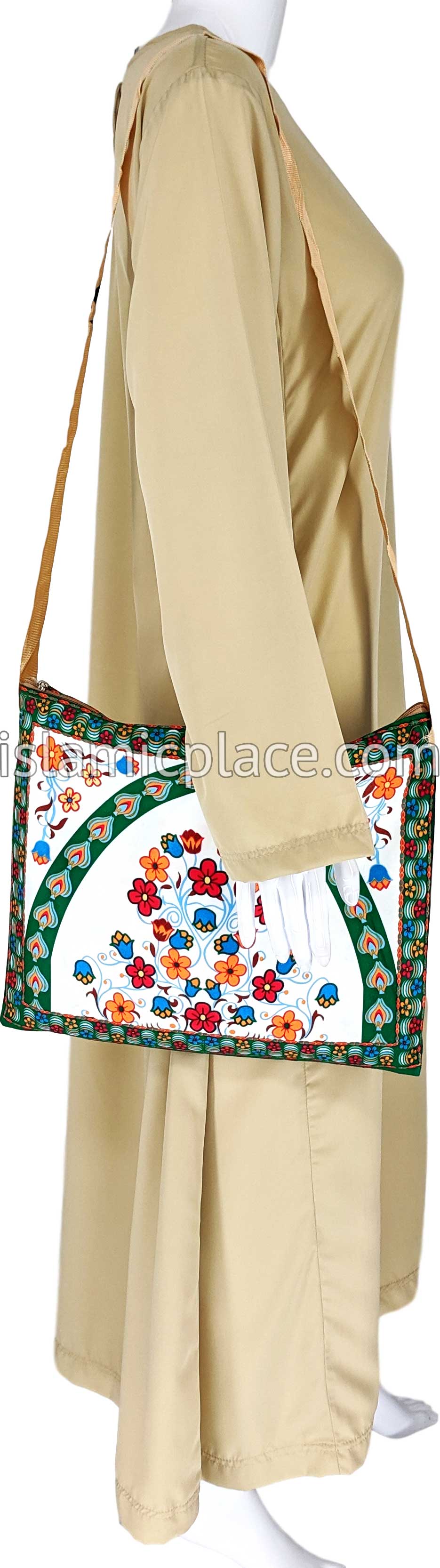 Green - Floral Mihrab Design Prayer Rug with Matching Zipper Carrying Bag