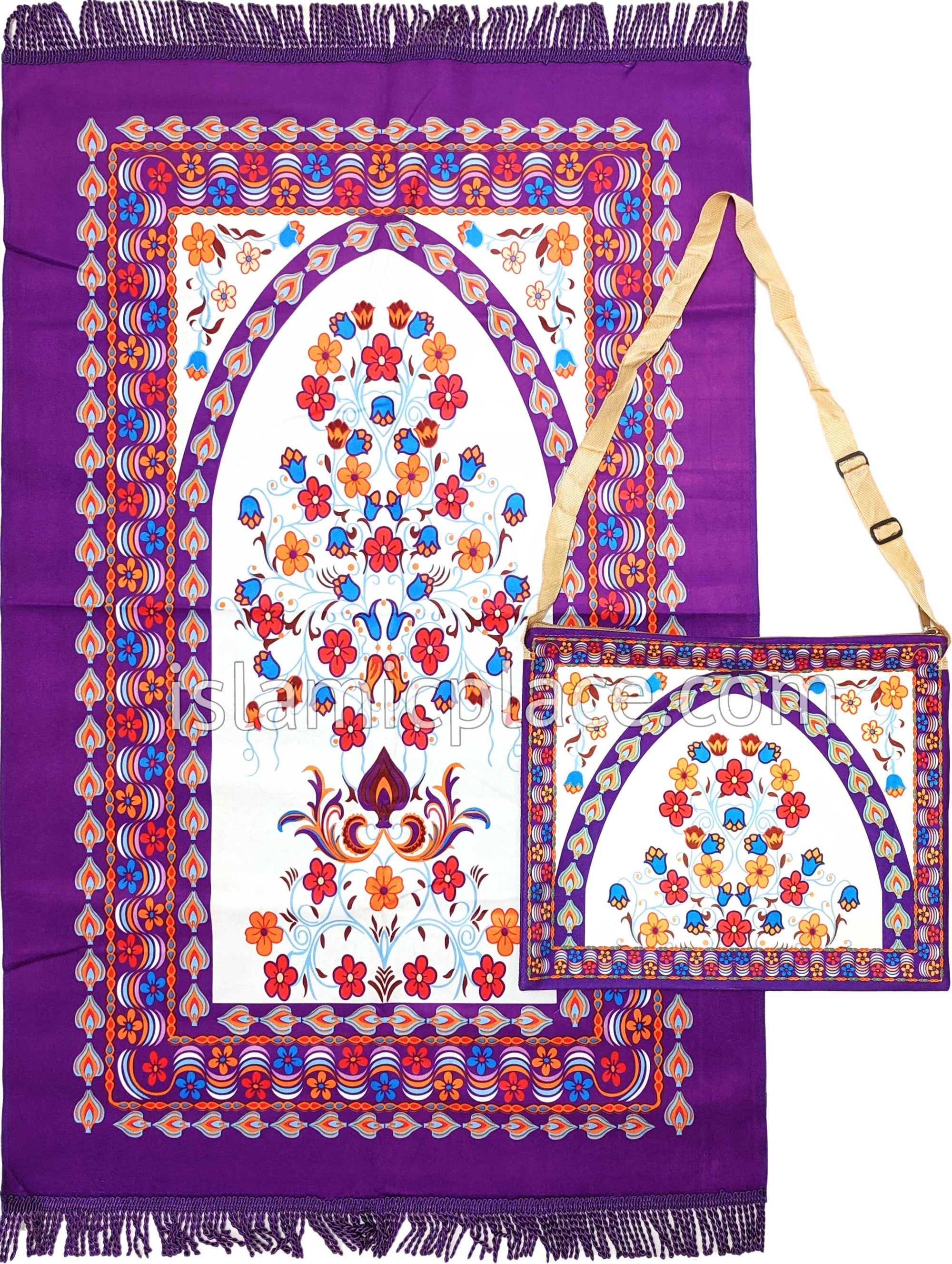Purple - Floral Mihrab Design Prayer Rug with Matching Zipper Carrying Bag
