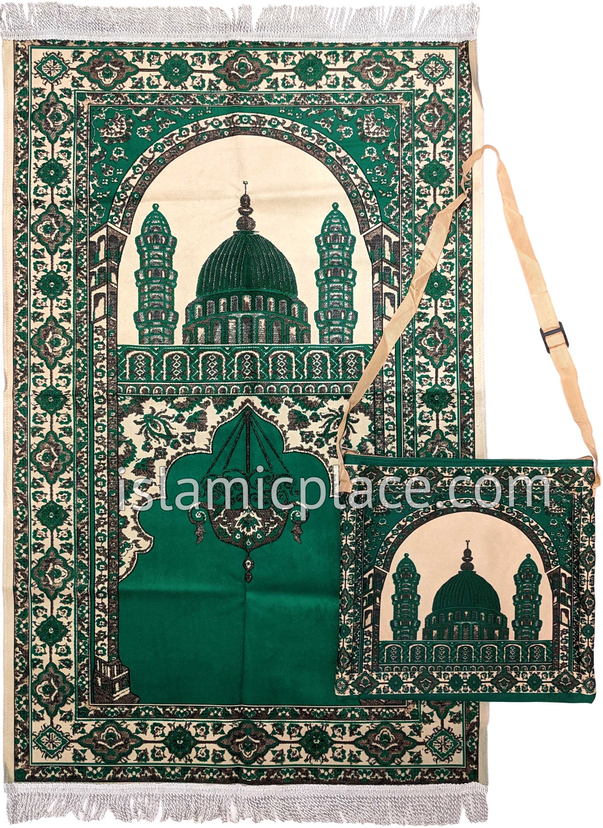 Green - Traditional Masjid Design Prayer Rug with Matching Zipper Carrying Bag