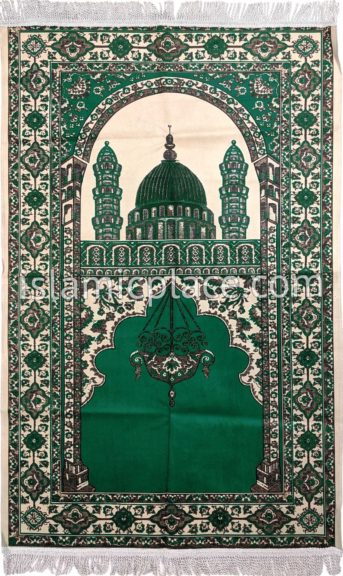 Green - Traditional Masjid Design Prayer Rug with Matching Zipper Carrying Bag