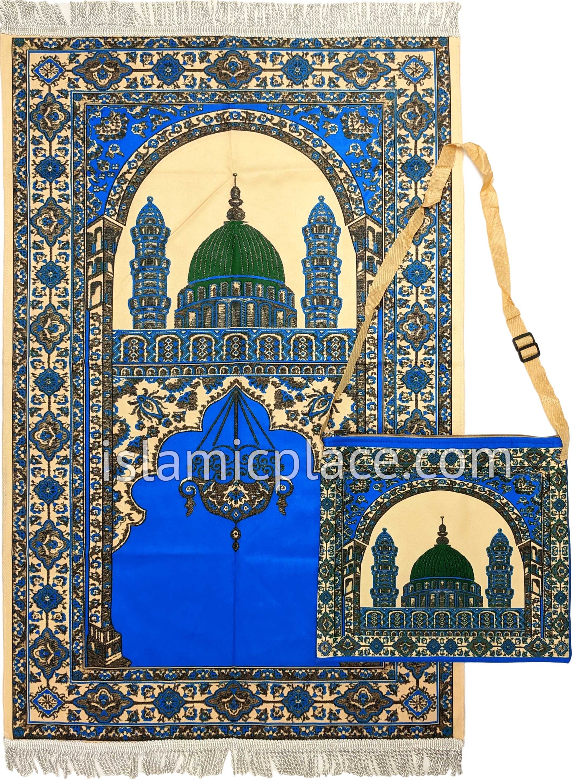 Blue - Traditional Masjid Design Prayer Rug with Matching Zipper Carrying Bag