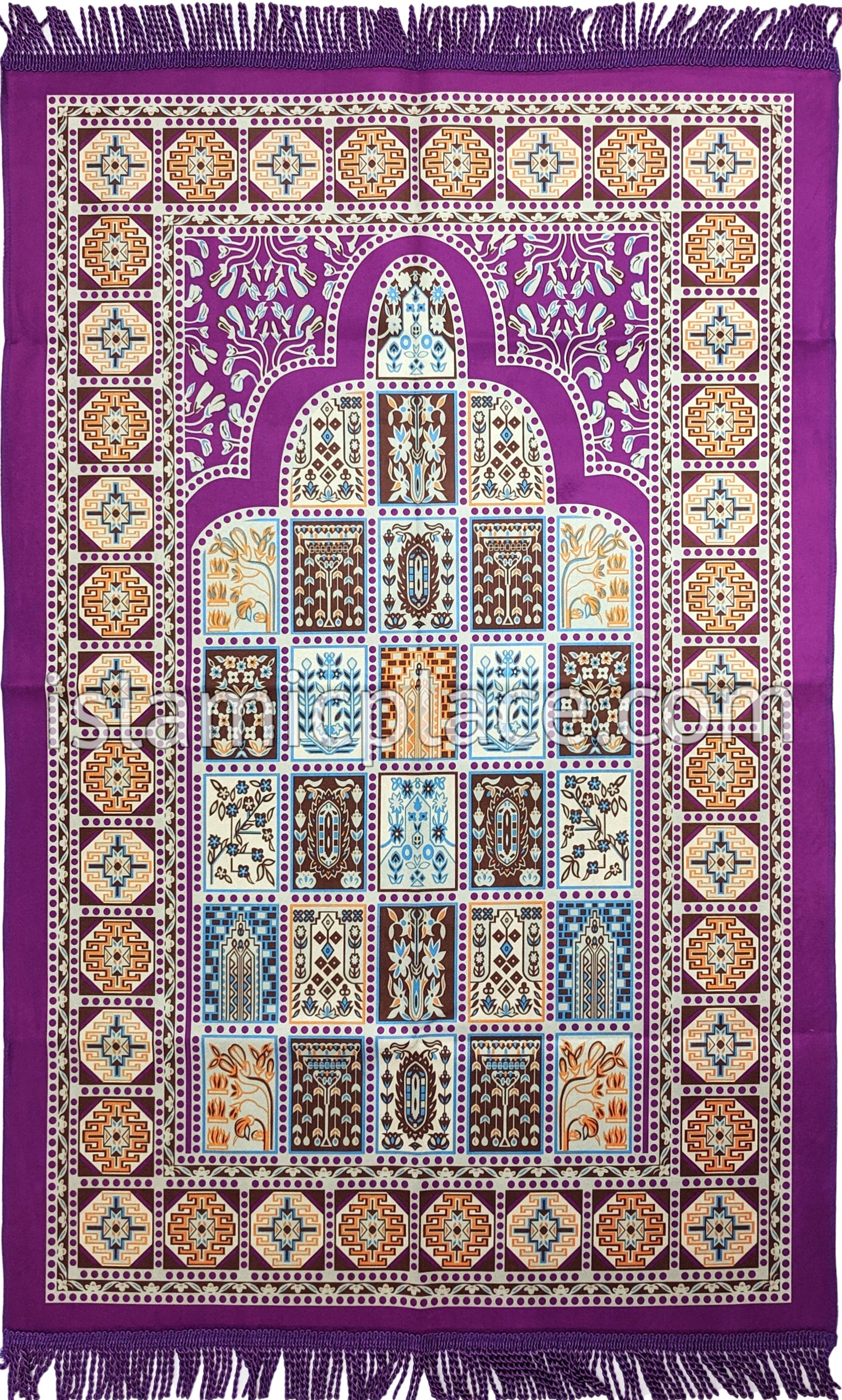 Purple - Tile Mihrab Design Prayer Rug with Matching Zipper Carrying Bag