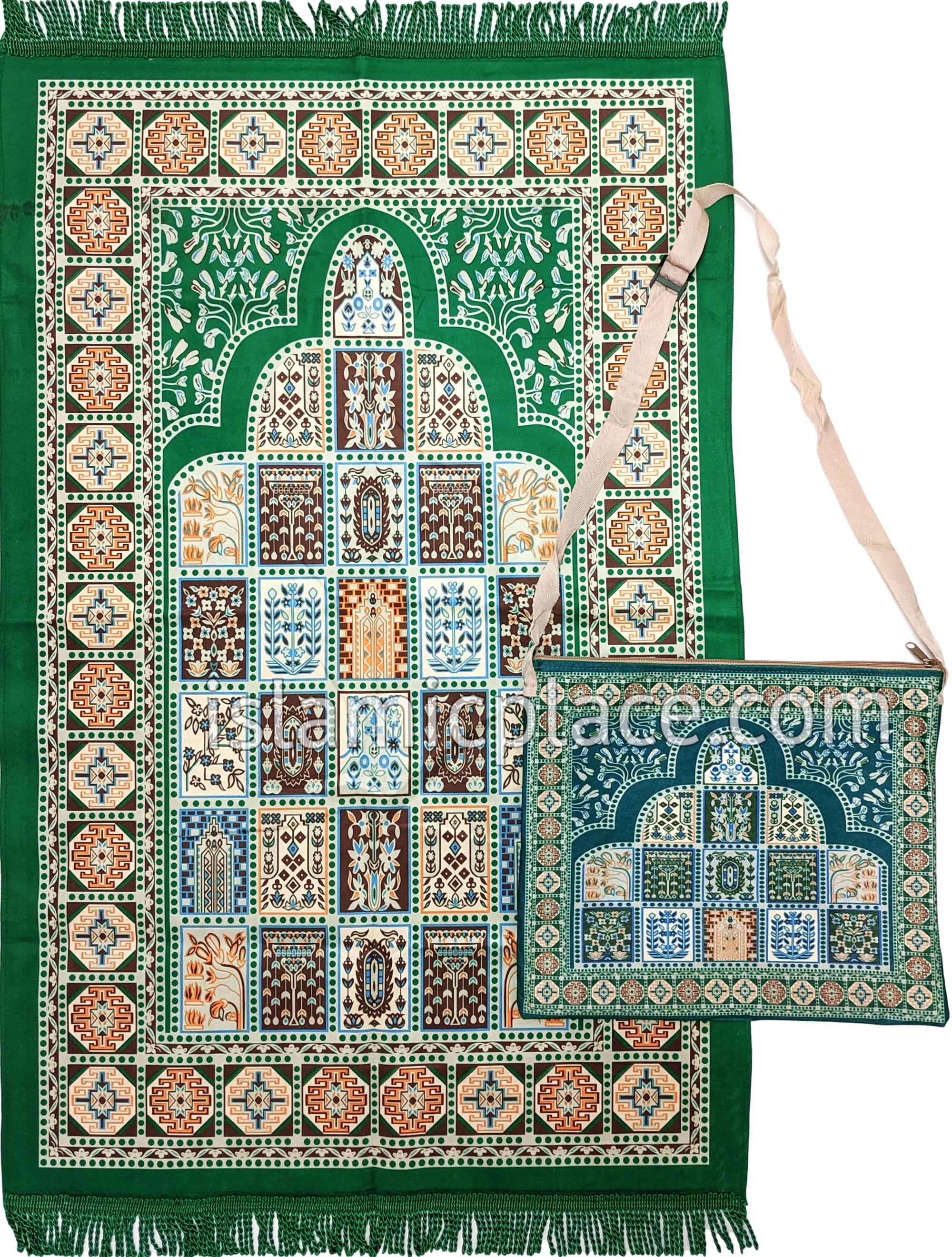 Green - Tile Mihrab Design Prayer Rug with Matching Zipper Carrying Bag