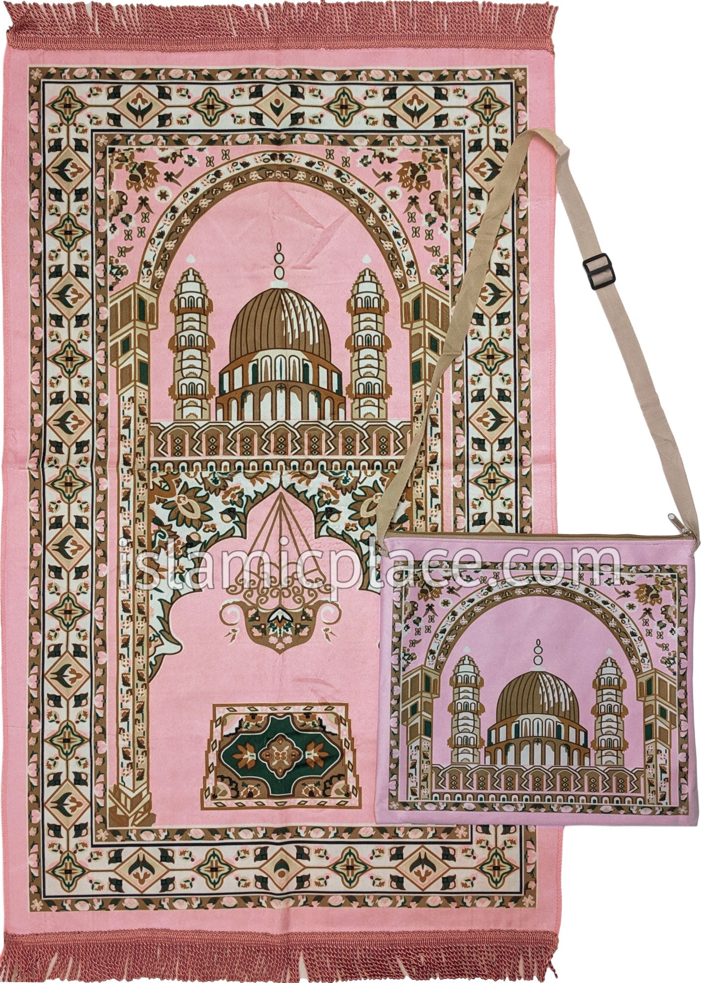 Pink - Mosque Sketch Design Prayer Rug with Matching Zipper Carrying Bag