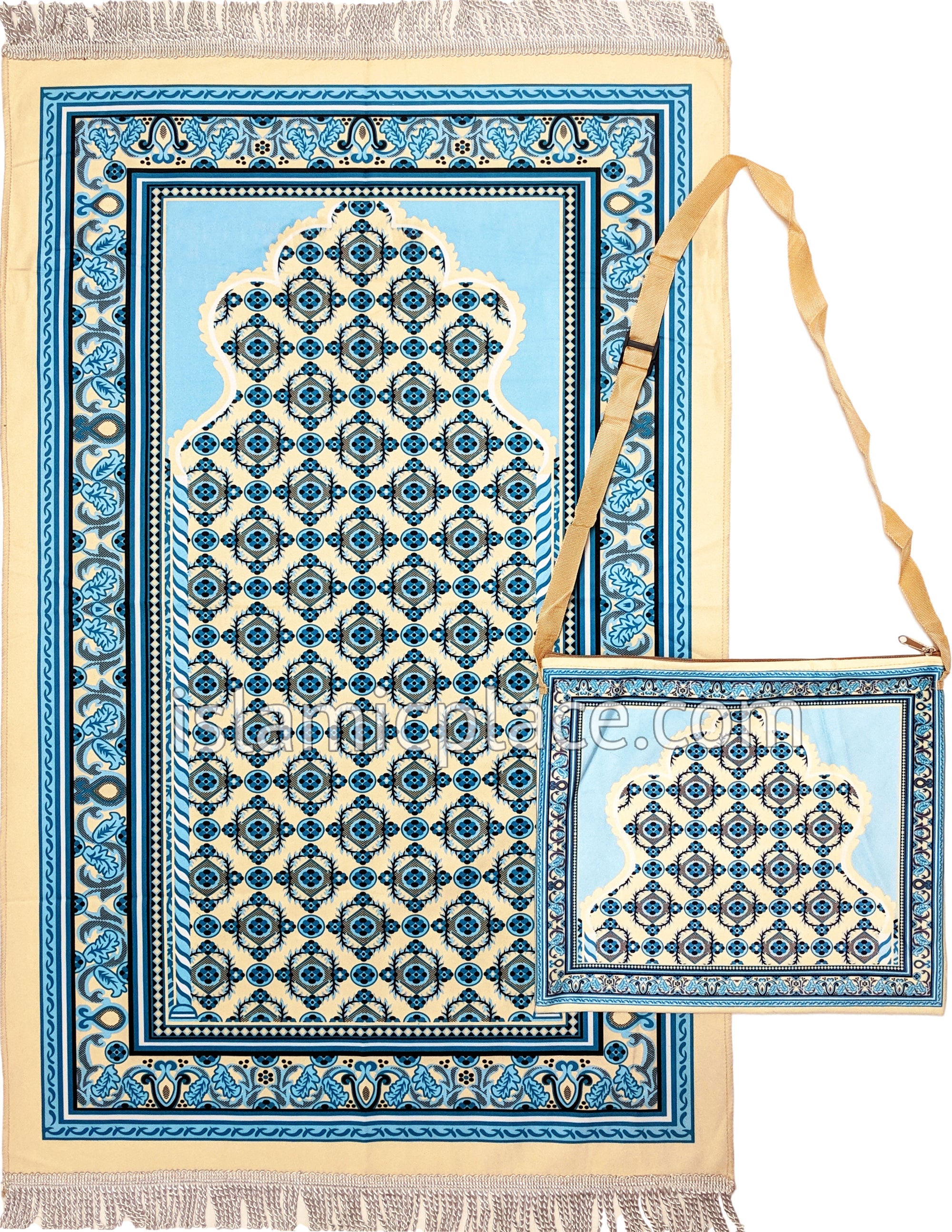 Sky Blue - Moroccan Mihrab Design Prayer Rug with Matching Zipper Carrying Bag