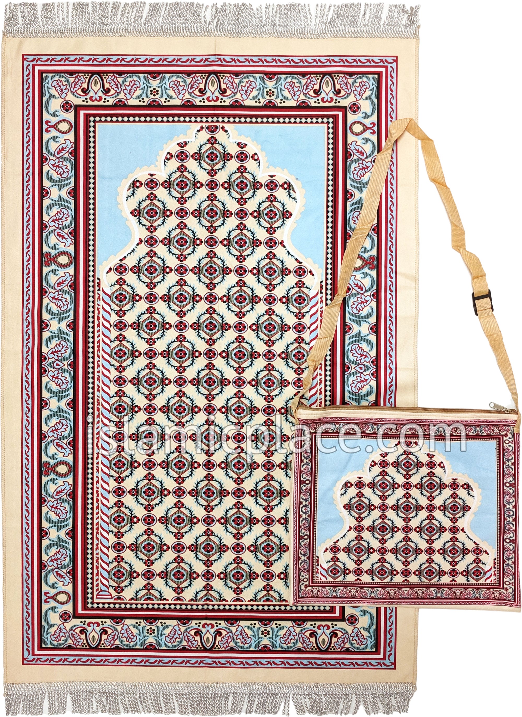 Red - Moroccan Mihrab Design Prayer Rug with Matching Zipper Carrying Bag