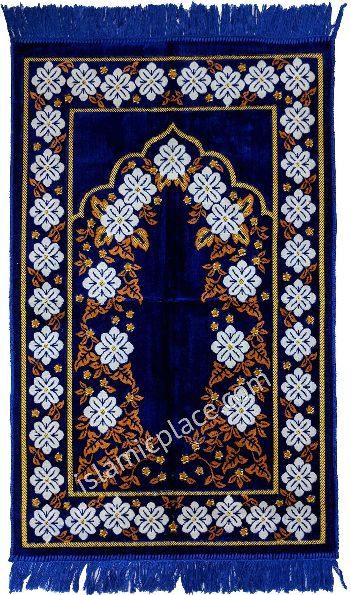Royal Blue, Rust, and White Prayer Rug with Floral Gateway Mihrab