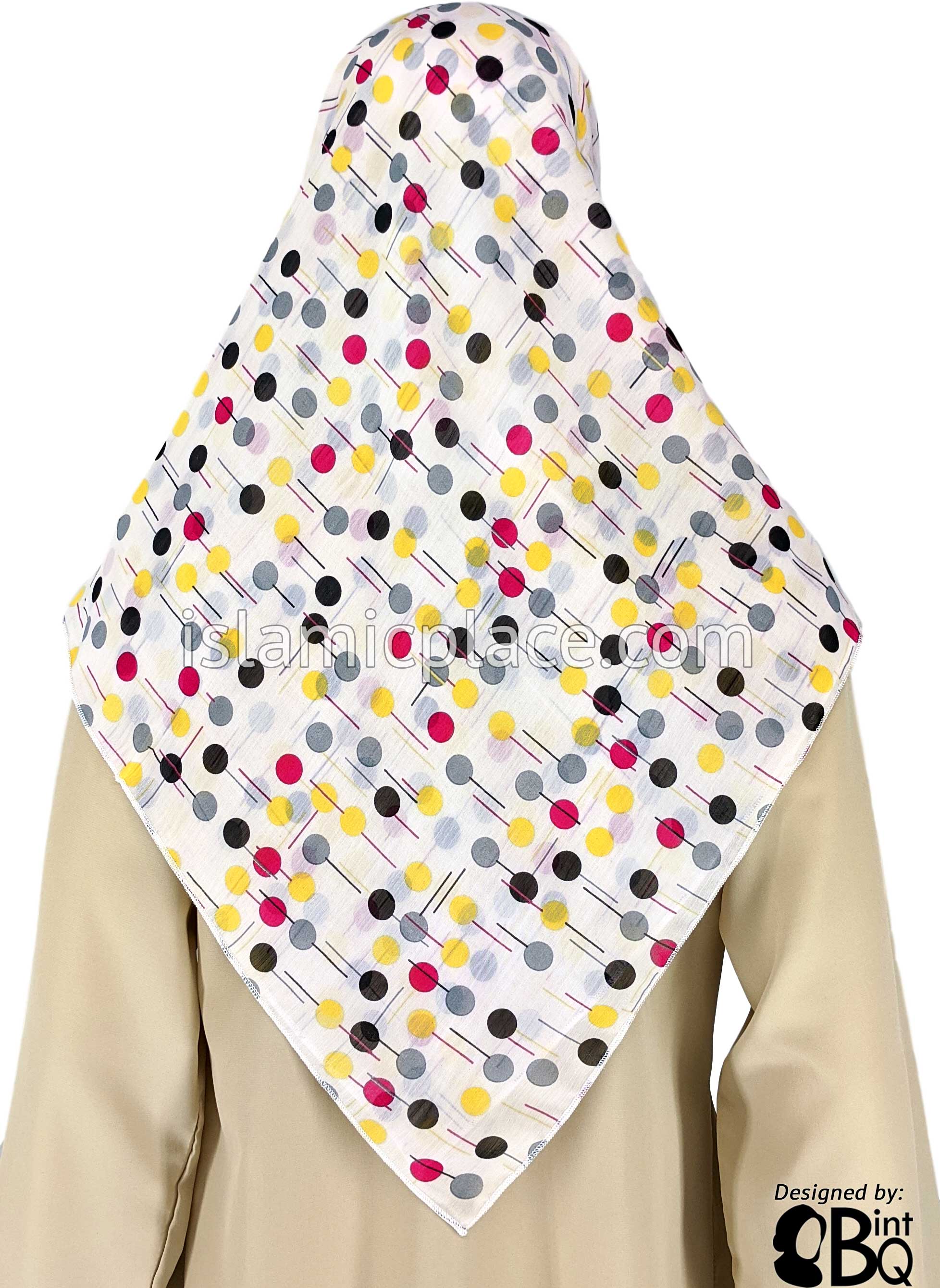 Yellow, Fuchsia, Gray, And Black Polka Dots On White Base With Lines - 45" Square Printed Khimar