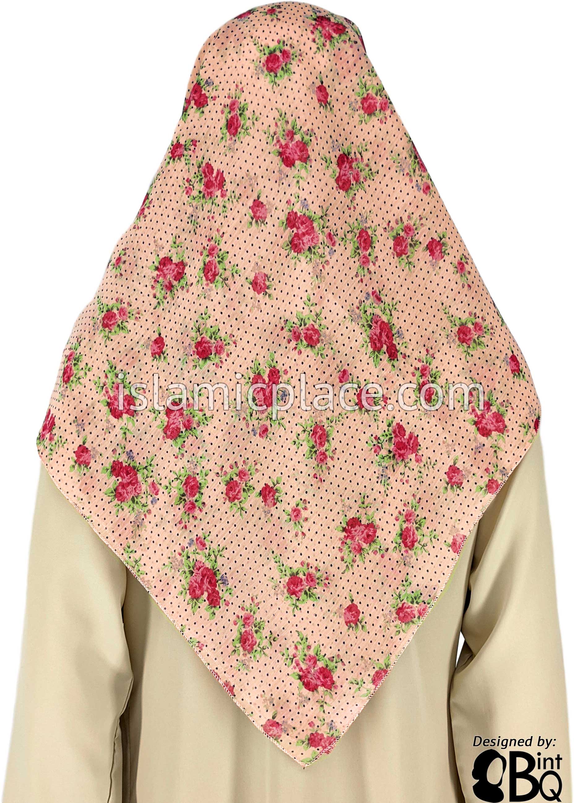Red Rose Bunches On Salmon - 45" Square Printed Khimar