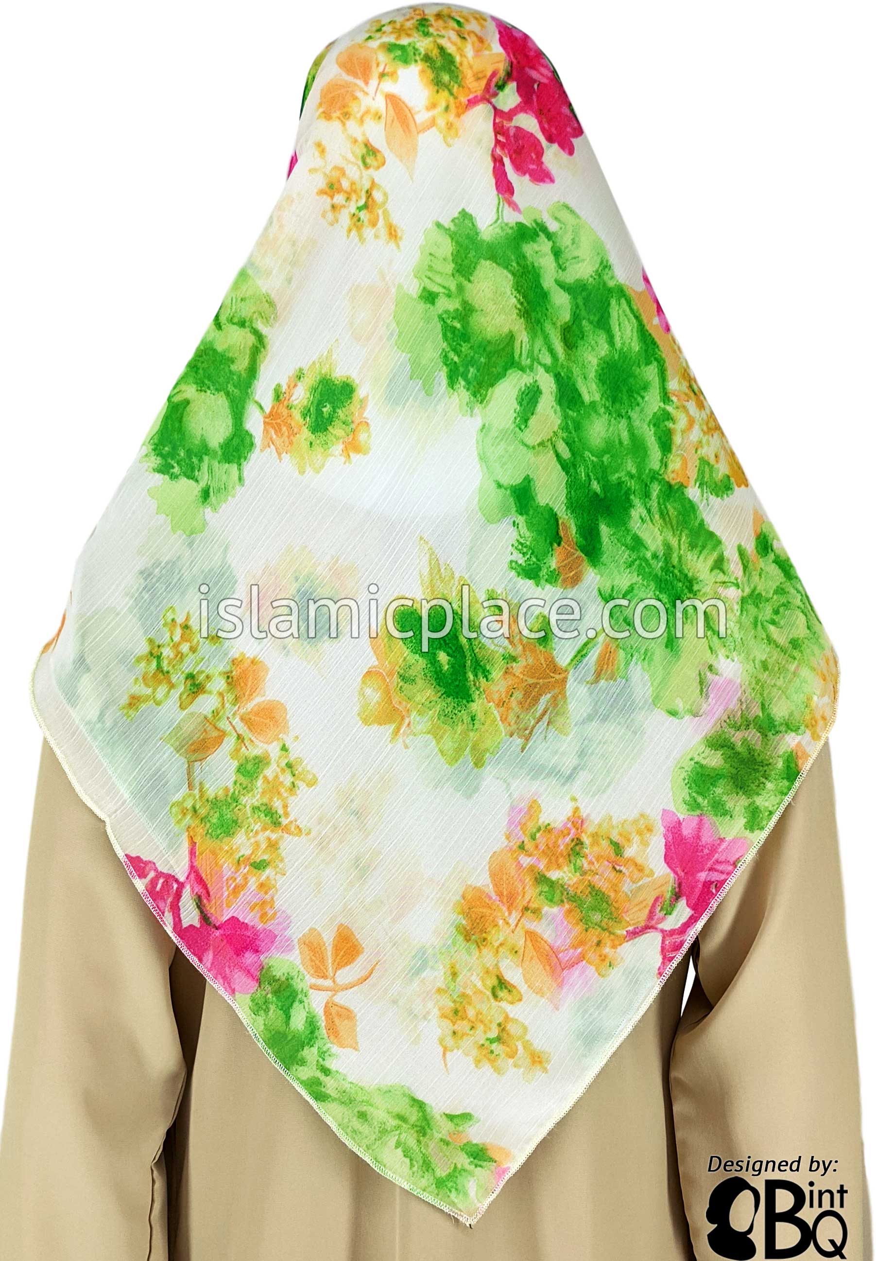Green, Pink, Peach And Yellow Floral Design On White - 45" Square Printed Khimar