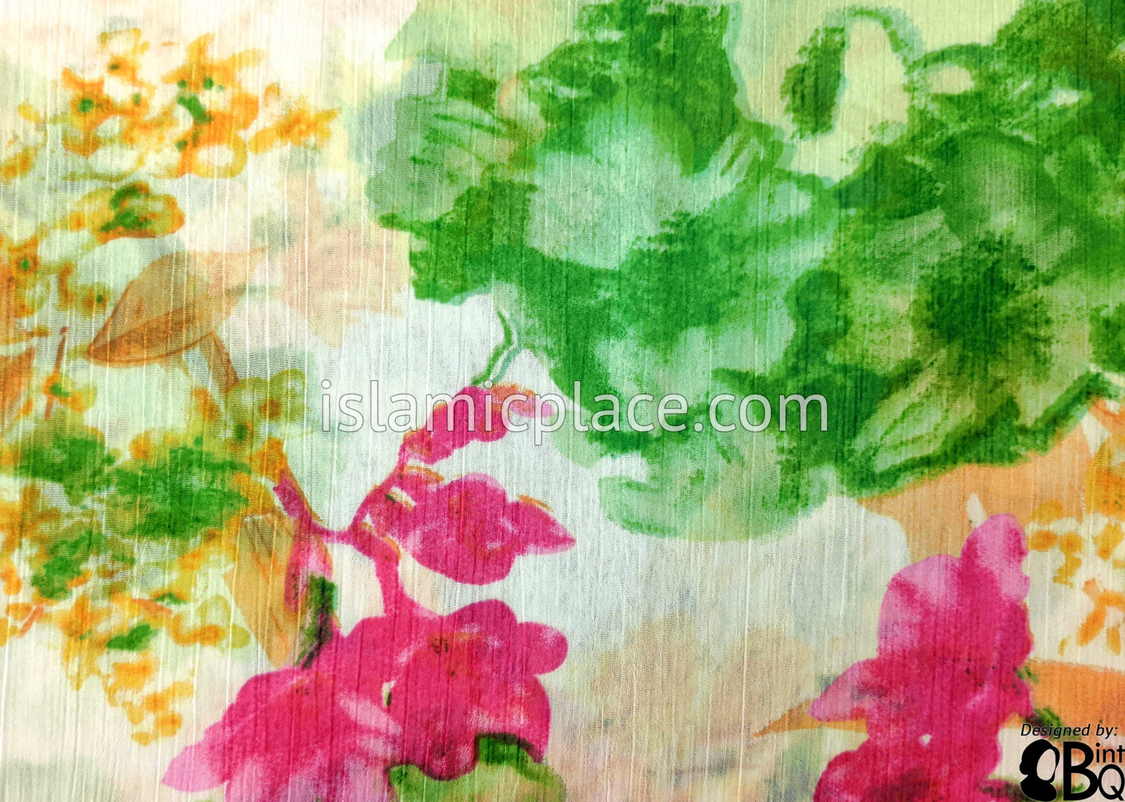 Green, Pink, Peach And Yellow Floral Design On White - 45" Square Printed Khimar